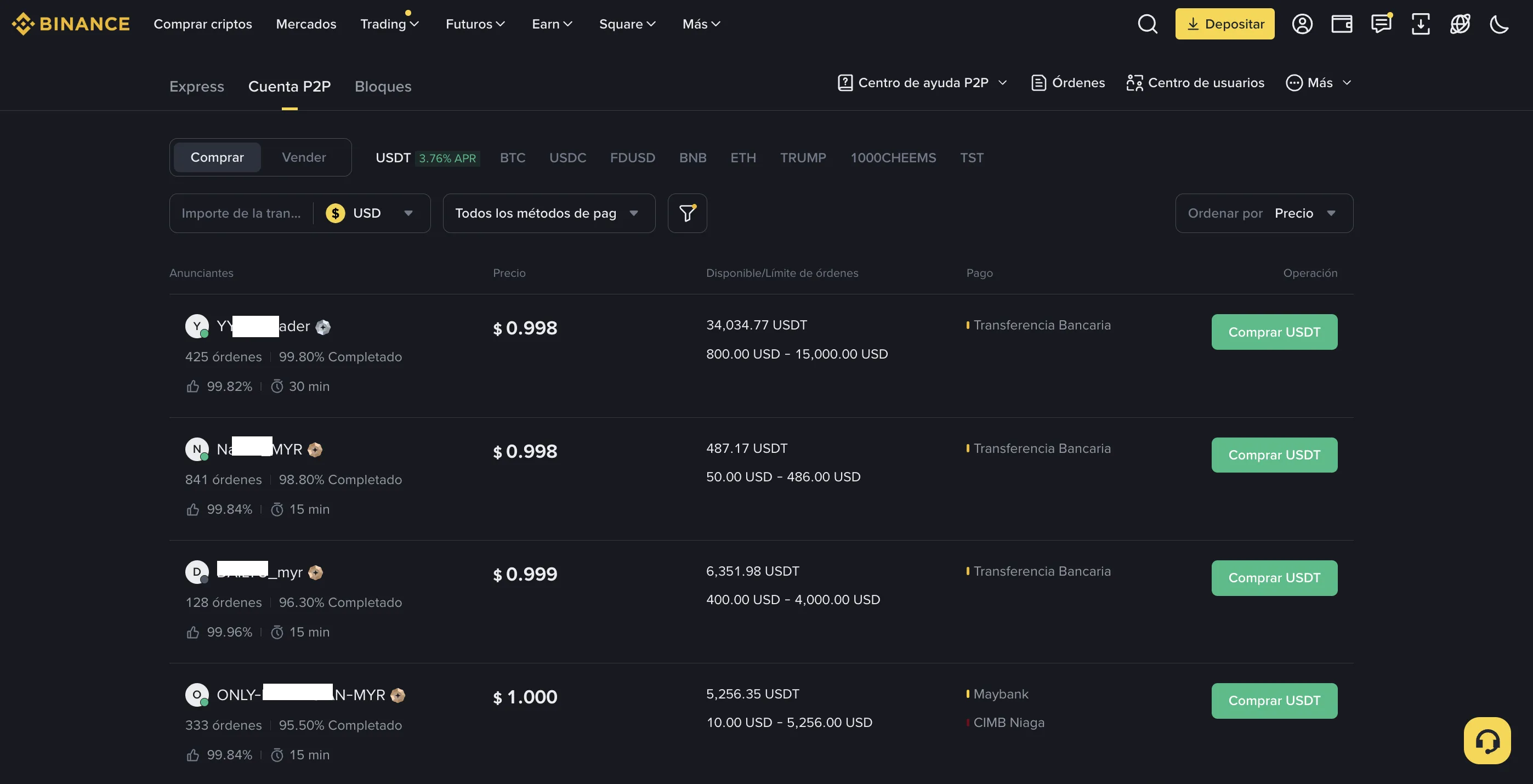 Interfaz P2P de Binance