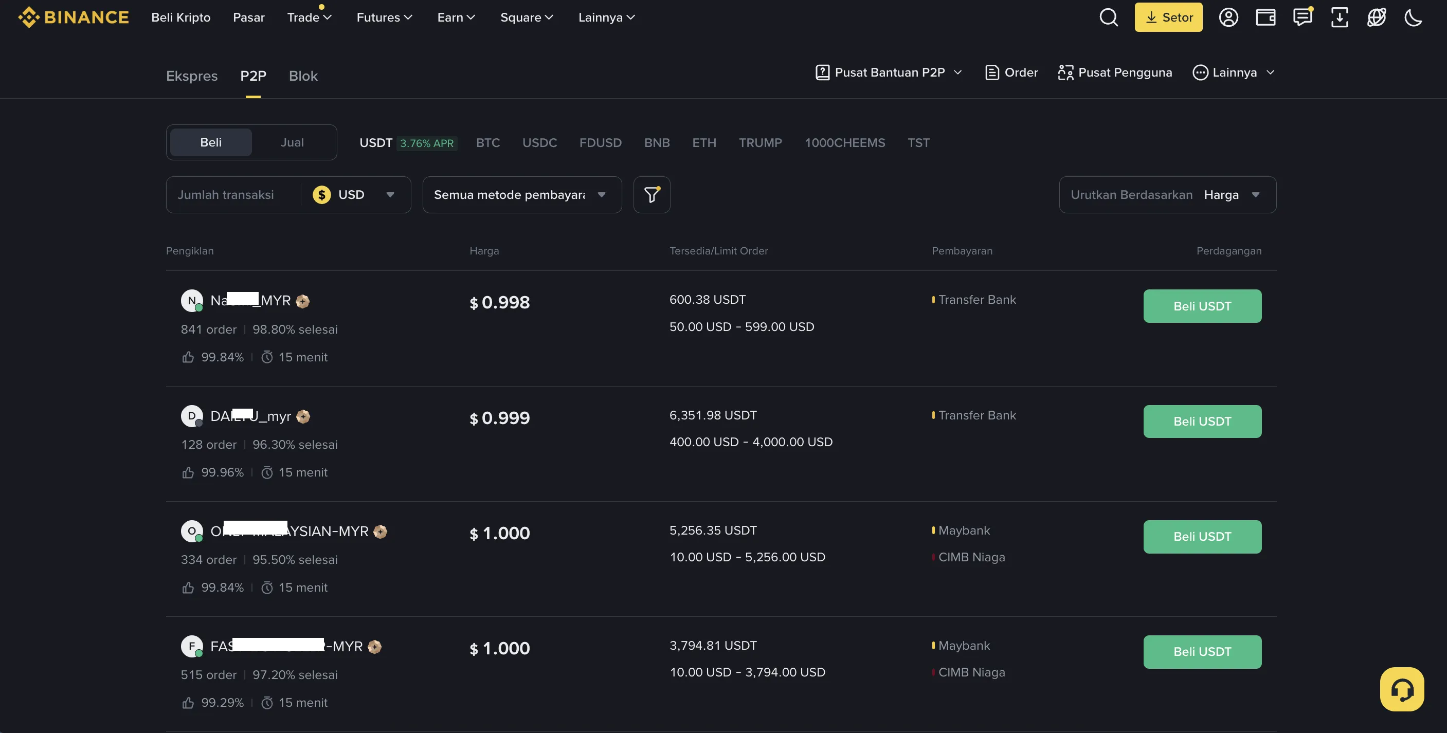Halaman P2P Binance IDR