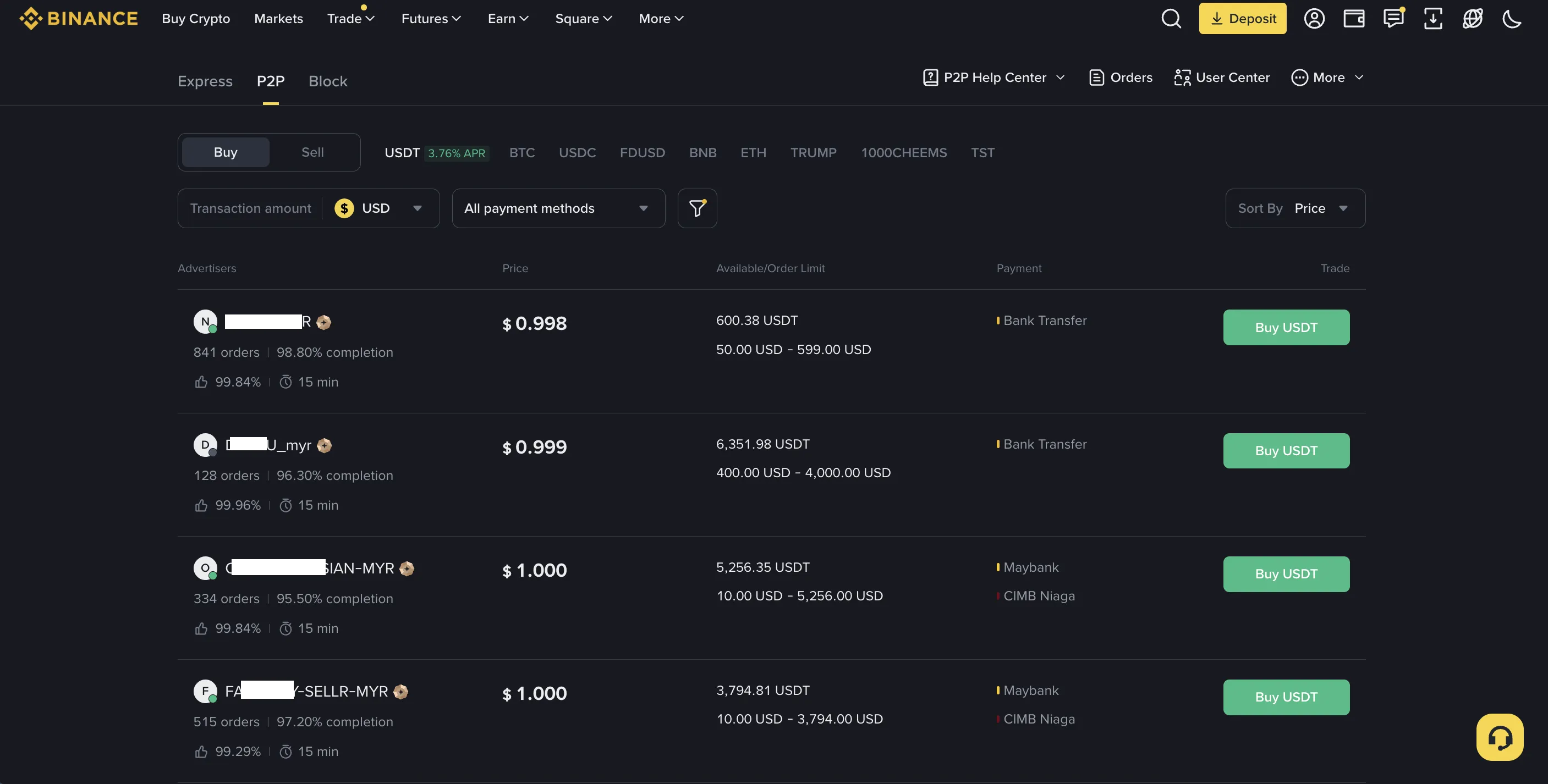 หน้า P2P Binance THB