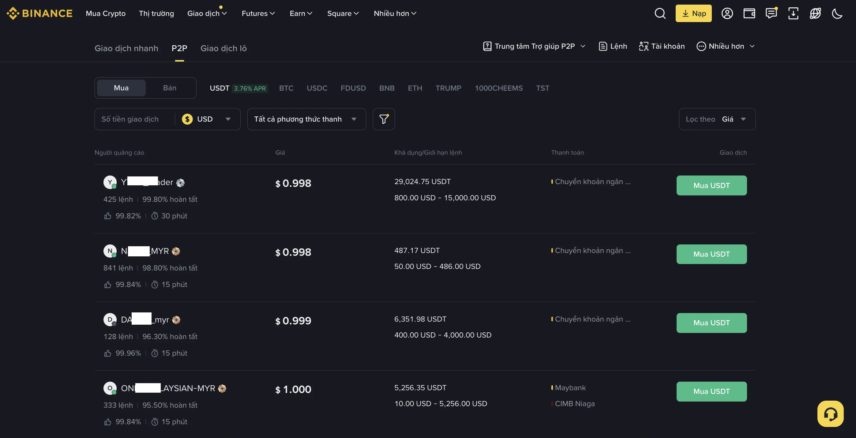 Giao diện Binance P2P VNĐ